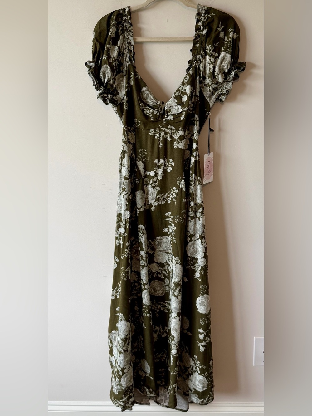 Crystal Sky Olive Green Floral Maxi Dress with Open Back Tie Cotton Linen